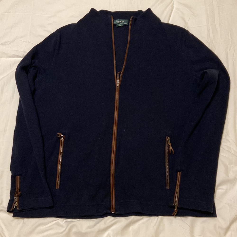 Ralph Lauren Navy Full Zip Up Mock Sweater, Navy/Brown Faux Trim Size M, EUC
